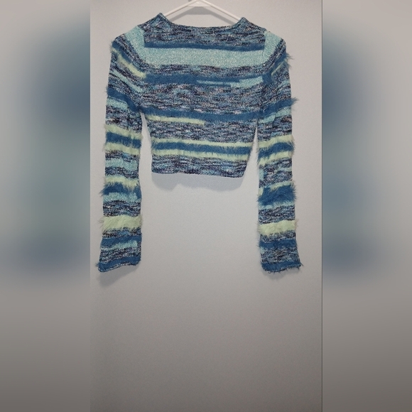Mica's womens Small cropped open front fuzzy striped sweater Y2k Ombre NWT - Picture 2 of 7